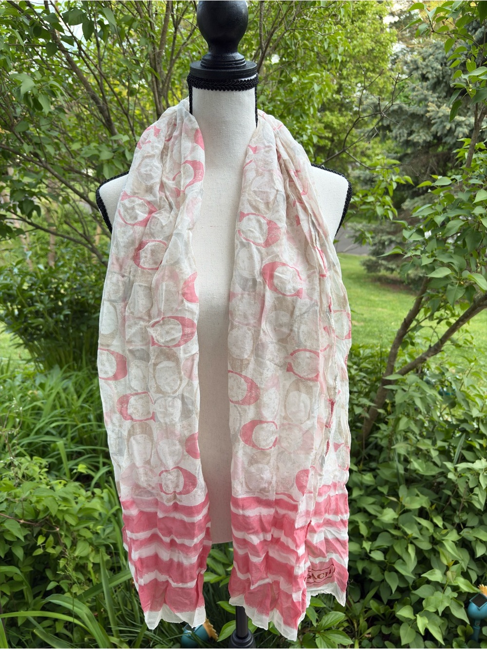 70% Cotton, 30% silk Coach Pink & White Striped Lightweight Logo Scarf - Picture 3 of 6